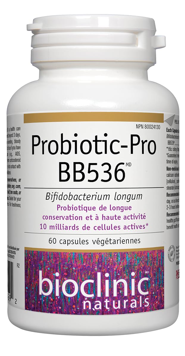 Bioclinic Naturals Probiotic Pro BB536 – capsules visibles, soutien potentiel du microbiote.