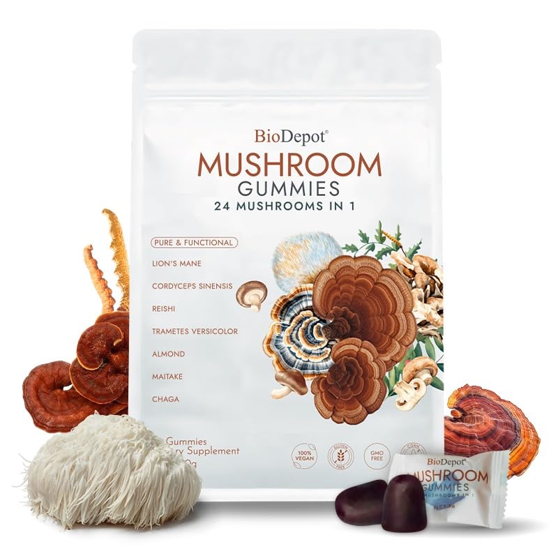 Biodepot Gommes Champignons 24 en 1 – bouteille ouverte, soutien potentiel à la concentration.