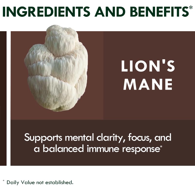 Biodepot Gommes Champignons 24 en 1 – étiquette affichant Crinière de lion et Reishi.