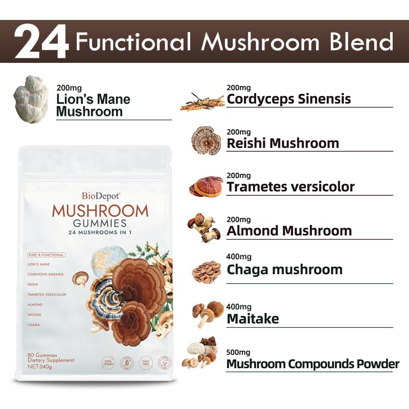 Biodepot Gommes Champignons 24 en 1 – gommes citrus, goût frais et énergie légère.