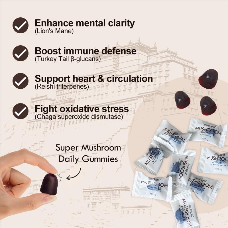 Biodepot Gommes Champignons 24 en 1 – emballage pratique prêt à emporter.