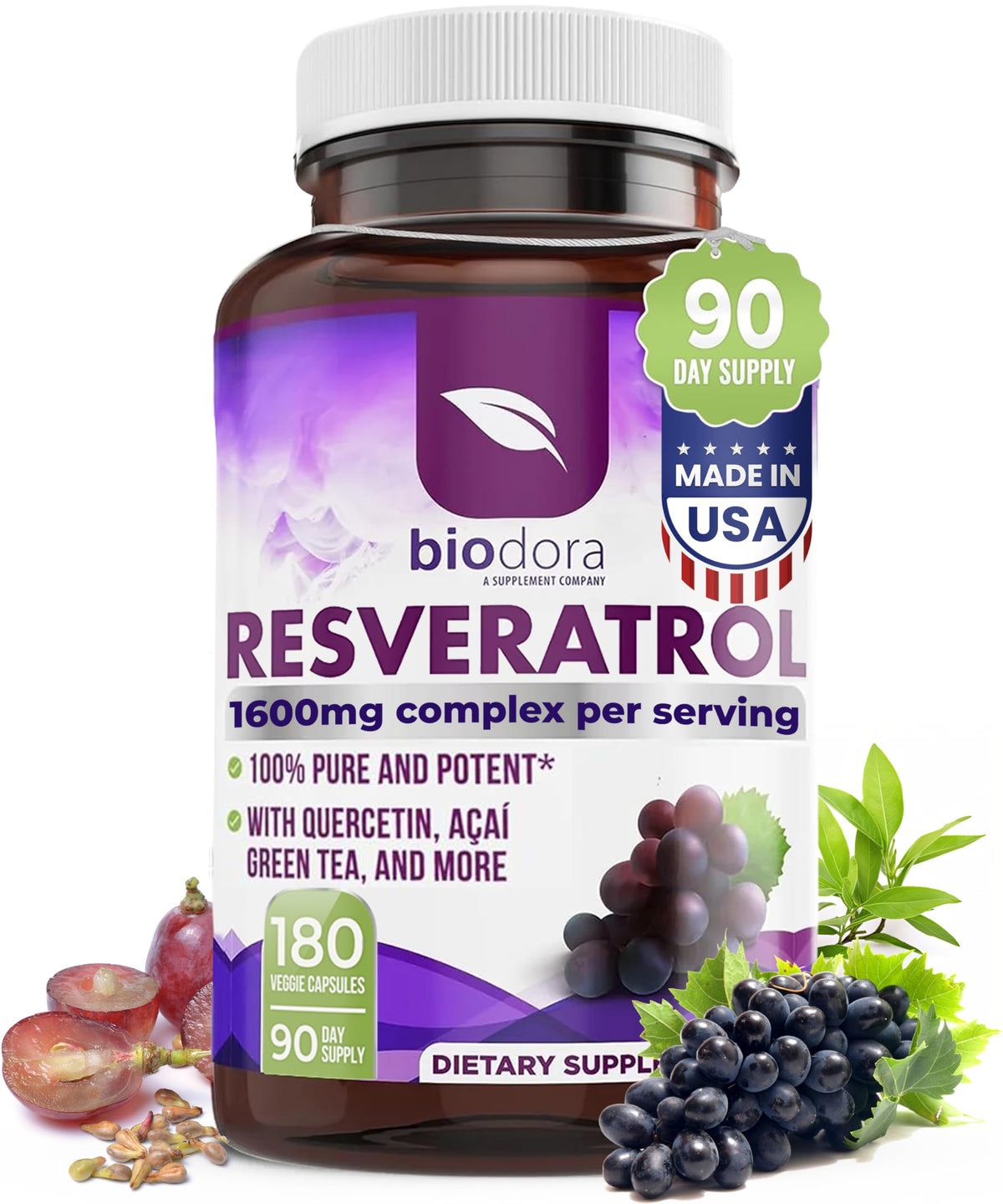 Biodora Resveratrol: bouteille de 180 capsules pour un soutien antioxydant