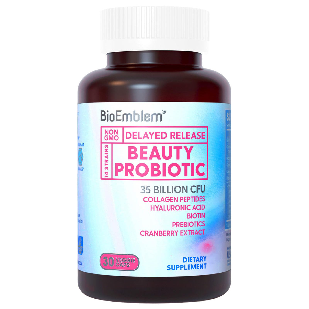 BioEmblem Beauty Probiotics en bouteille: soutien digestif potentiel et éclat cutané.