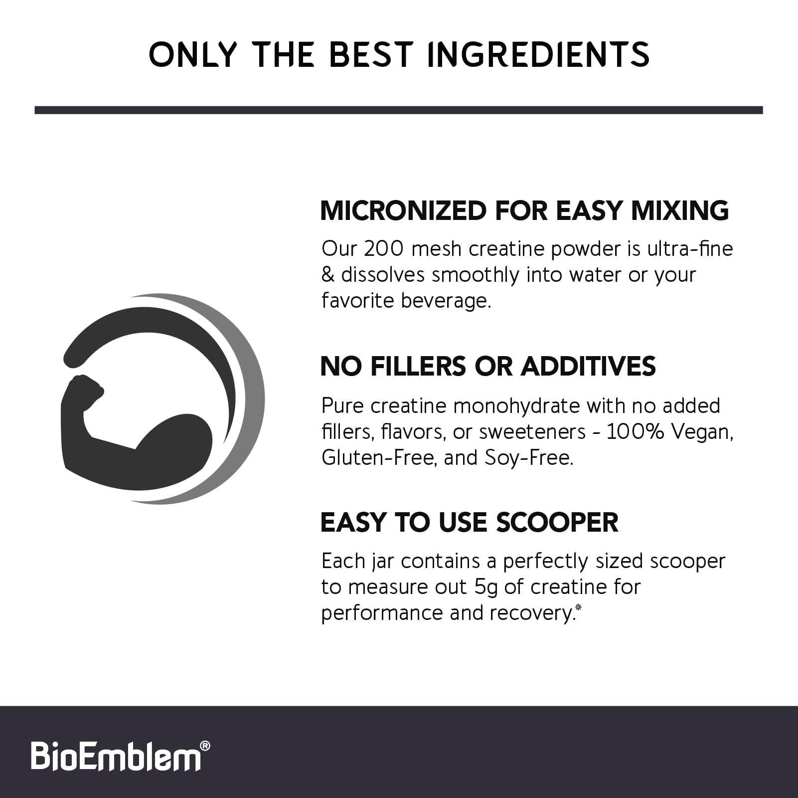 BioEmblem Créatine Monohydrate, dose précise pour une administration facile.