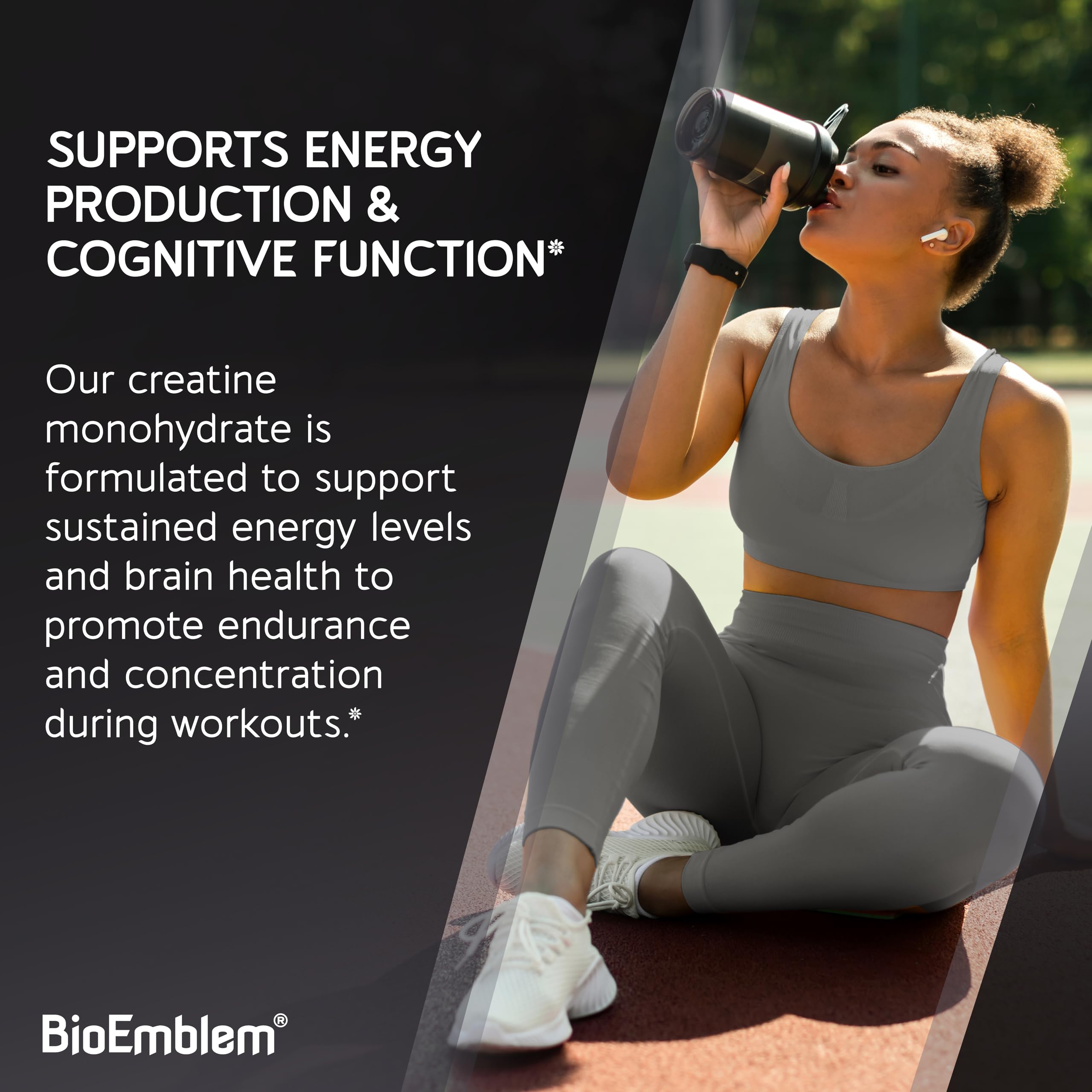 BioEmblem Créatine Monohydrate — shaker prêt avant l'entraînement.