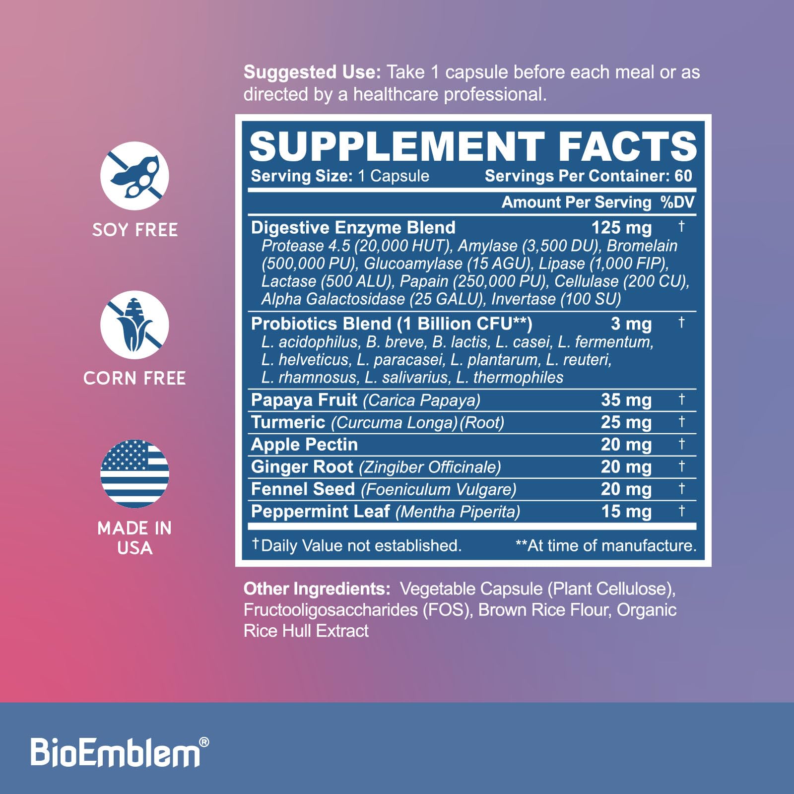 Étiquette BioEmblem enzymes digestives montrant les ingrédients et la composition