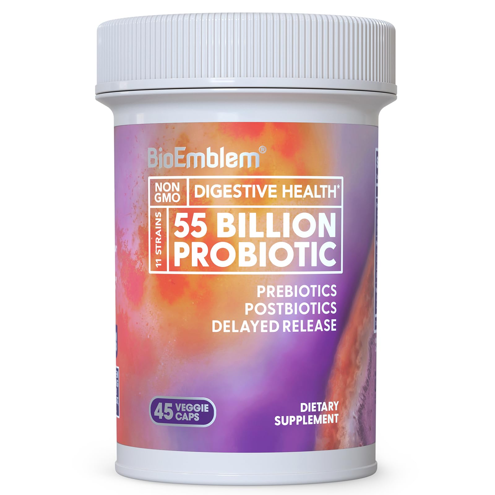 BioEmblem Probiotiques: bouteille affichant 55 milliards CFU pour soutien digestif potentiel