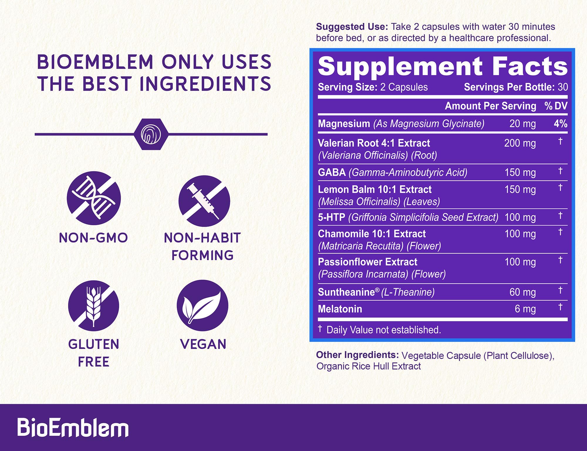 BioEmblem Sommeil Naturel – capsules végétales faciles à avaler avant le coucher.