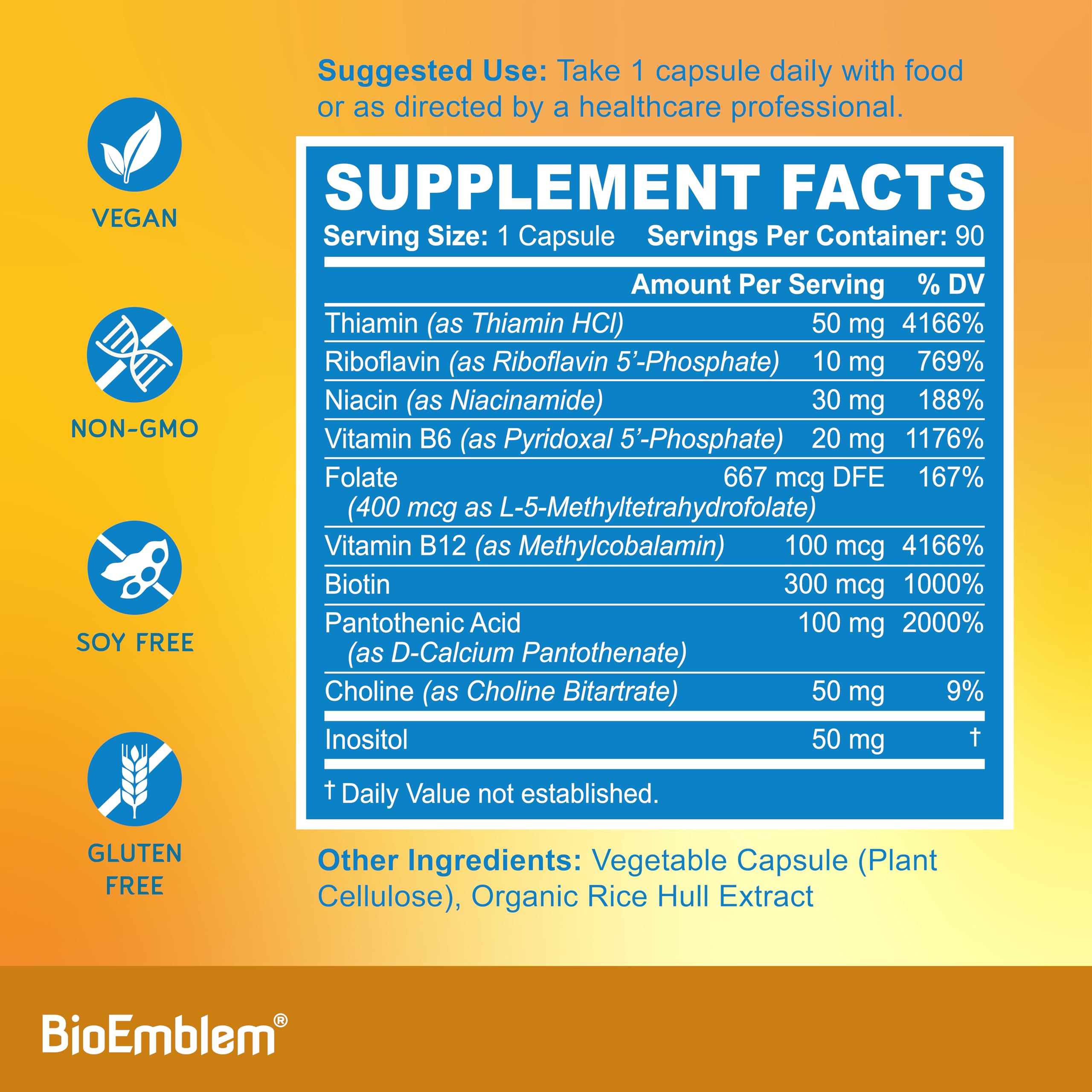 BioEmblem Complexe B: capsules véganes sans allergènes.