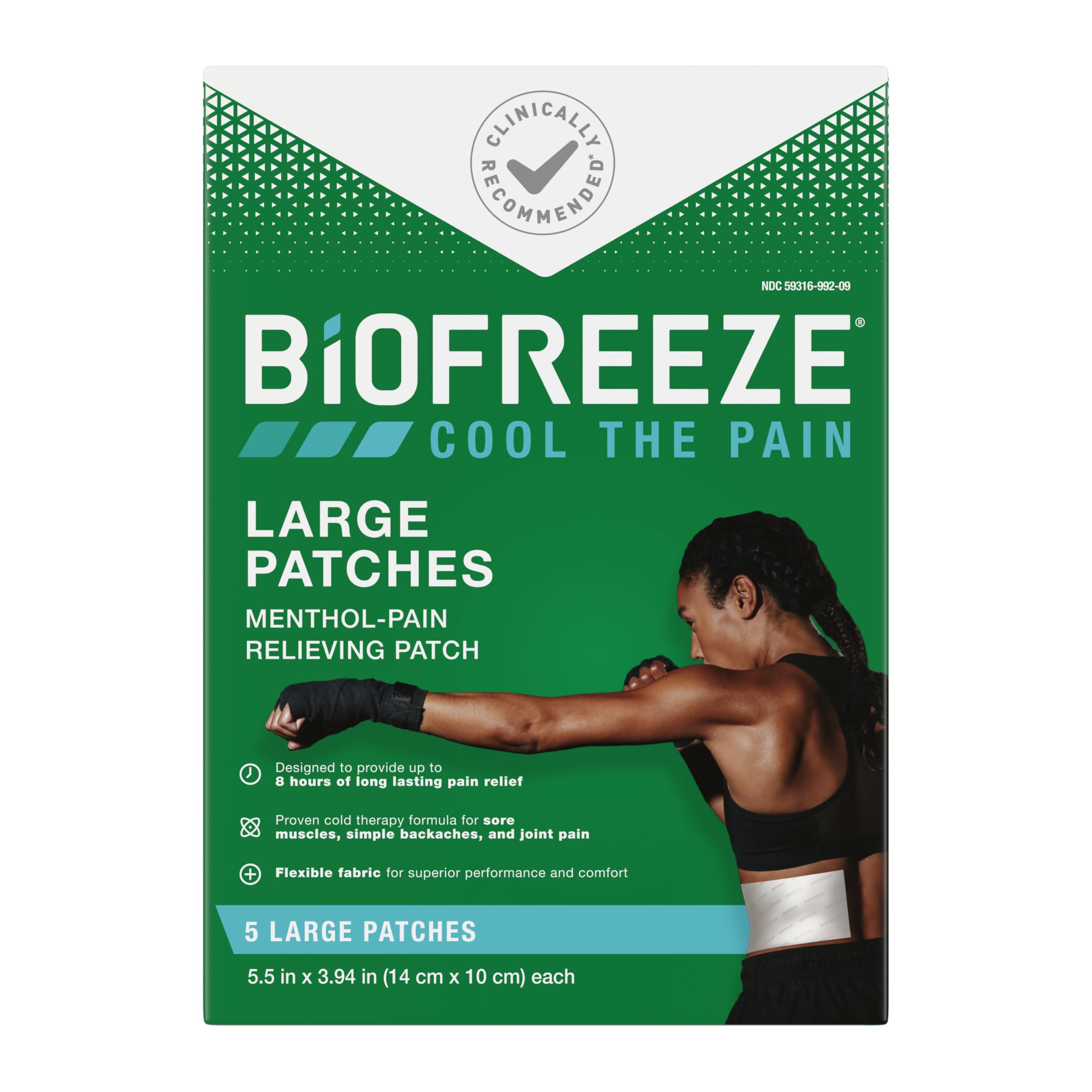 Patch Biofreeze menthol offrant un soulagement durable sur une zone douloureuse.