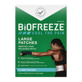 Patch Biofreeze menthol offrant un soulagement durable sur une zone douloureuse.