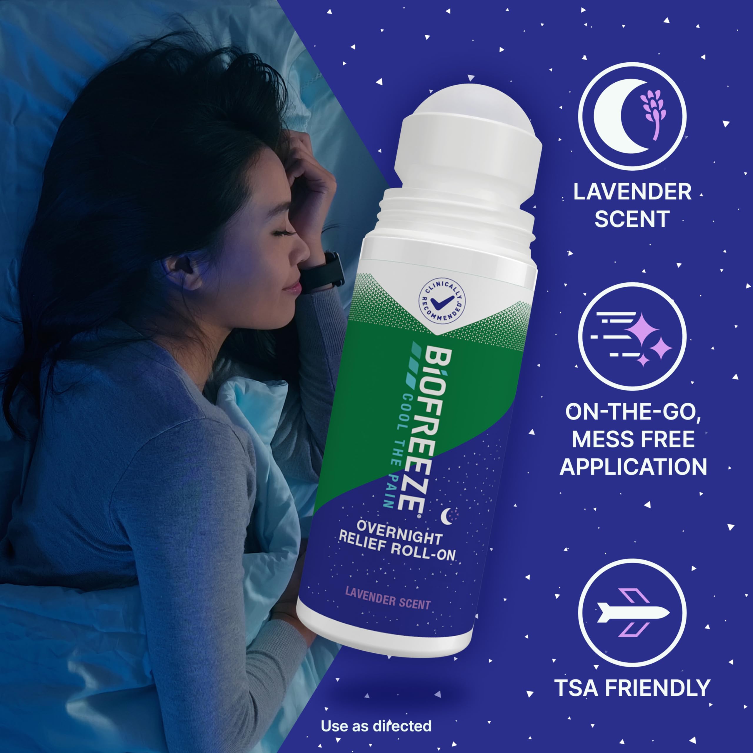 Biofreeze roll-on Nuit sur le dos bas pour relaxation musculaire.