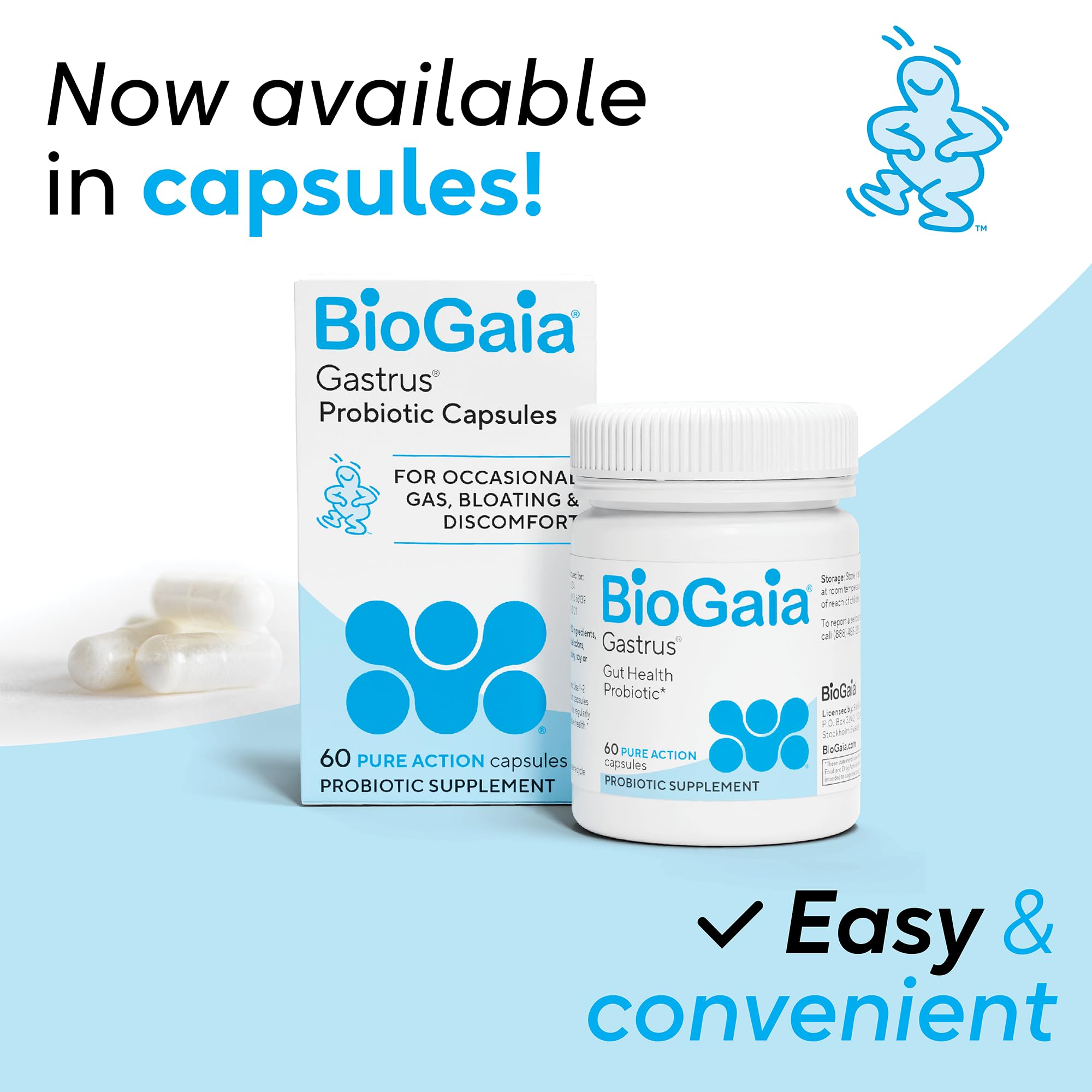BioGaia Gastrus: capsules faciles à avaler favorisant la régularité intestinale.