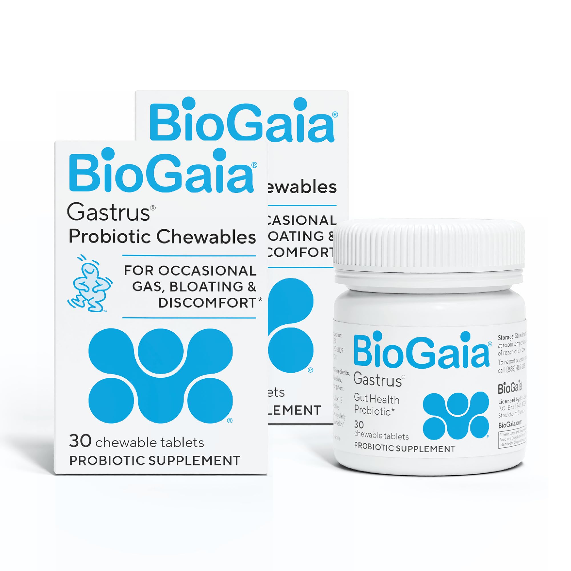 BioGaia Gastrus : emballage double montrant le duo de probiotiques pour le confort digestif