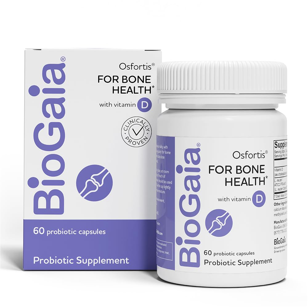 BioGaia Osfortis - bouteille de capsules, soutien potentiel des os et digestion.