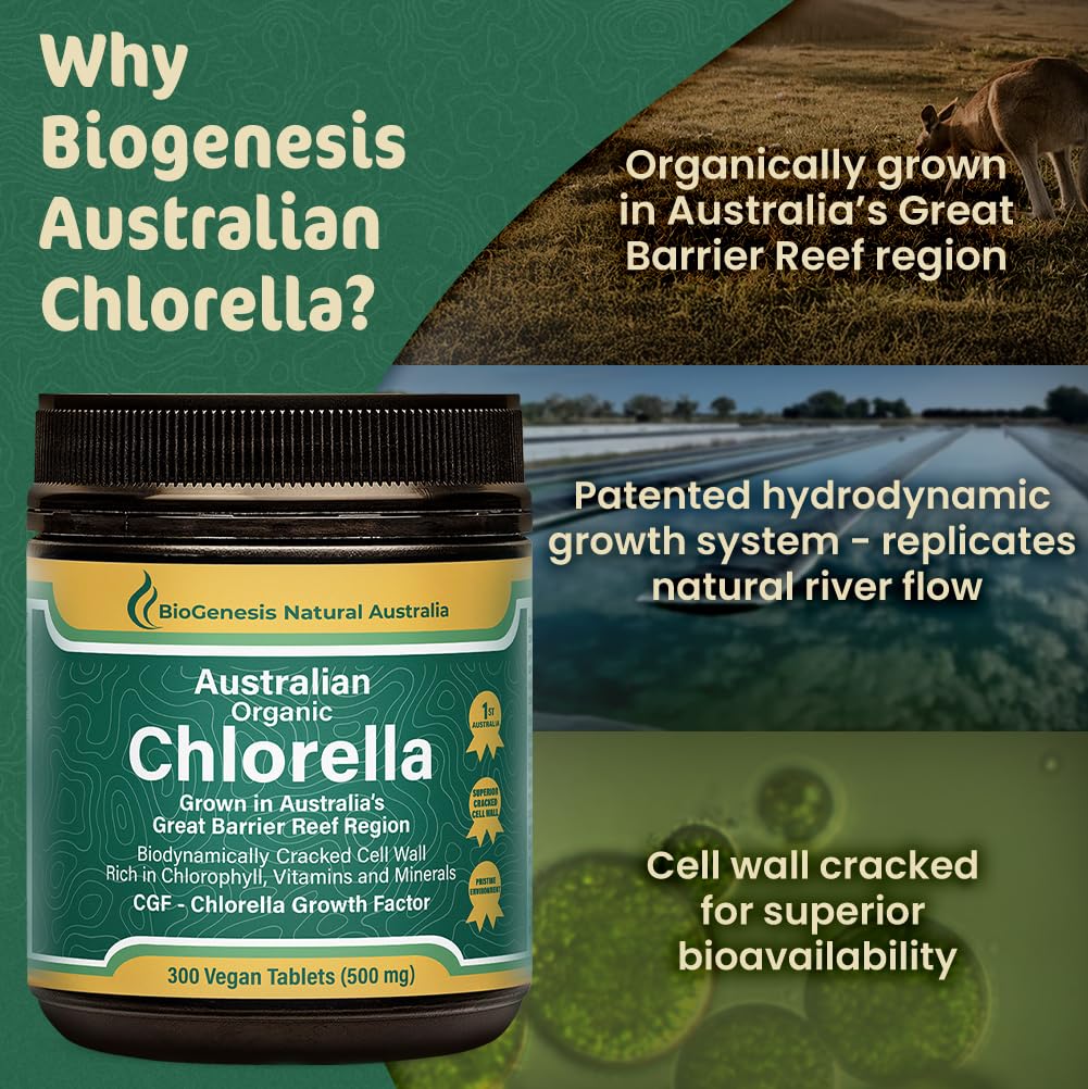 Biogenesis Chlorella – étiquette certifiée Australie, garantie qualité.