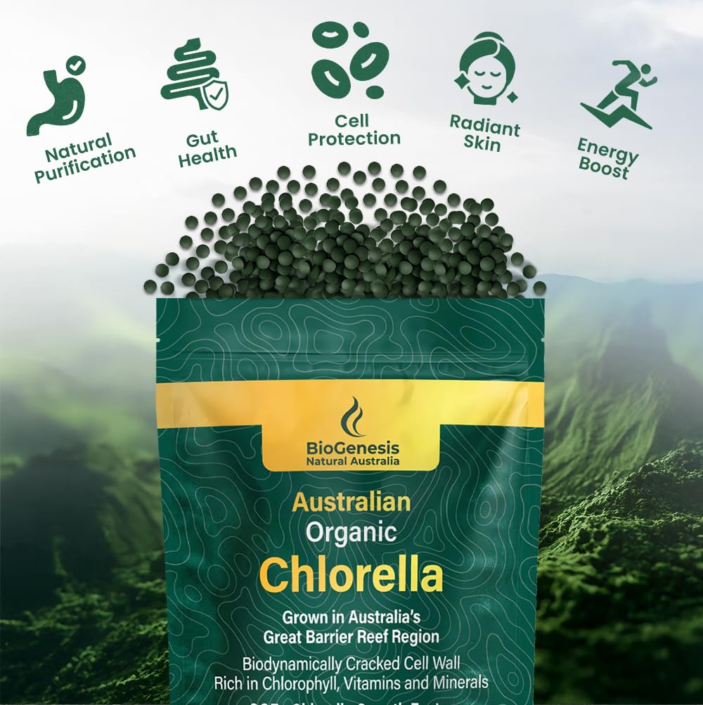 Biogenesis Chlorella mini-tablettes avec étiquette australienne visible et traçabilité.