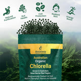 Biogenesis Chlorella mini-tablettes avec étiquette australienne visible et traçabilité.