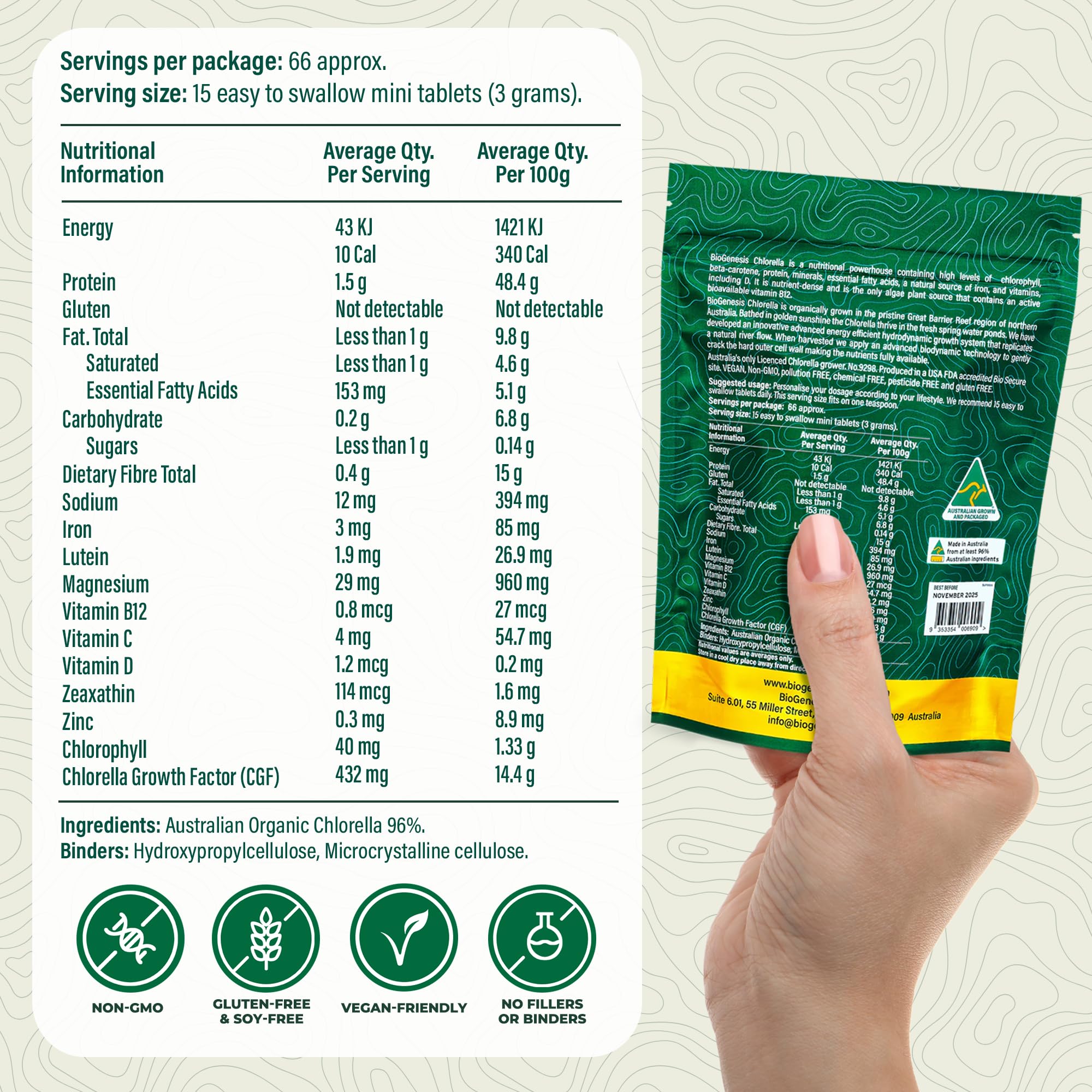 Biogenesis Chlorella mini-tablettes utilisation quotidienne sans préparation.