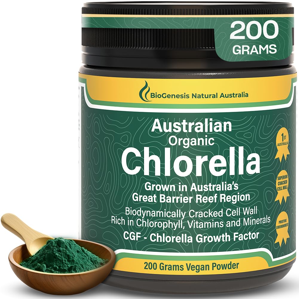 Biogenesis chlorella poudre dans bouteille – énergie durable.