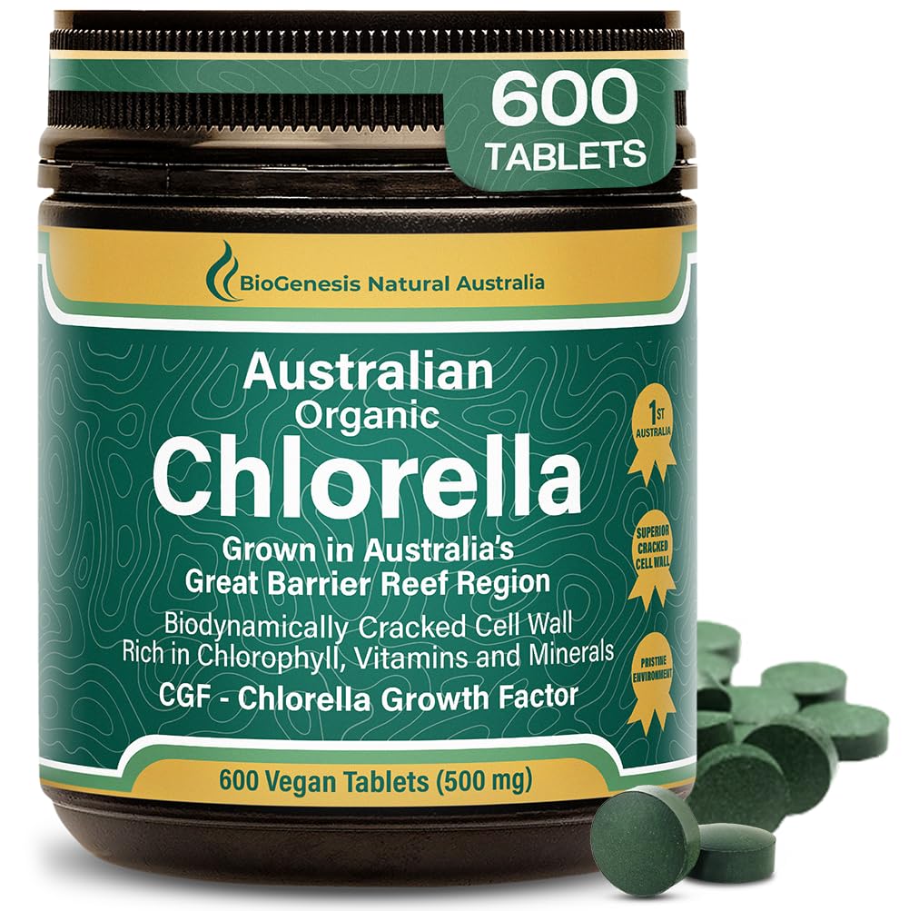 Biogenesis Chlorella – bouteille affichant l'emballage, usage quotidien et énergie soutenue.