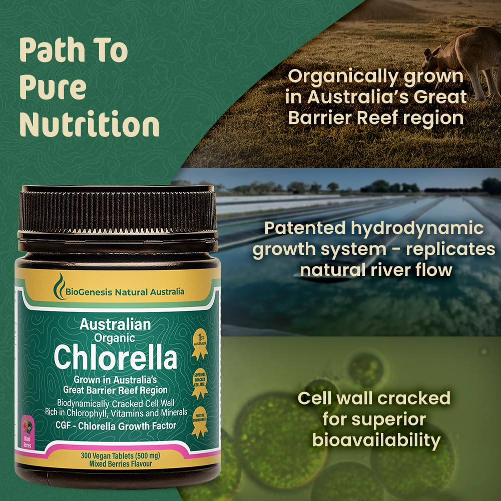 Biogenesis Chlorella, production australienne, culture durable et traçable.