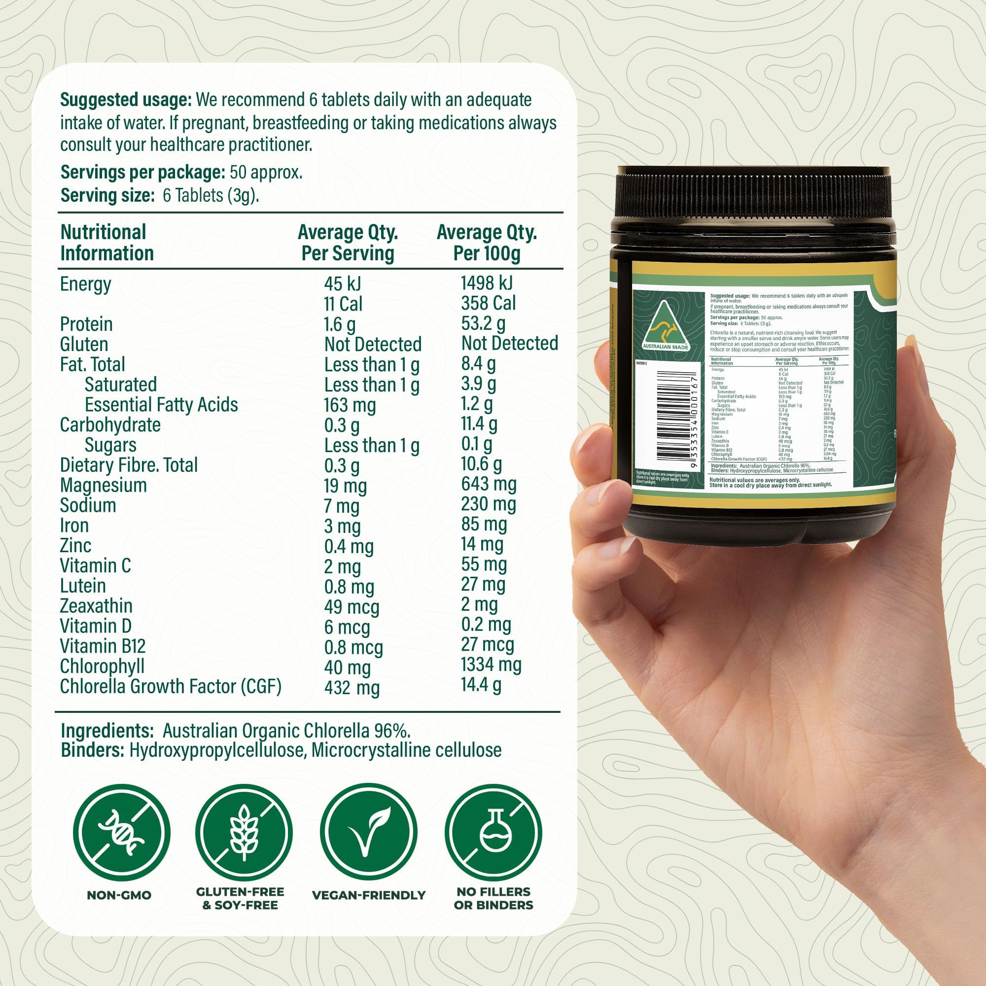 Biogenesis Chlorella – gros plan sur les tablettes vertes et brillantes.