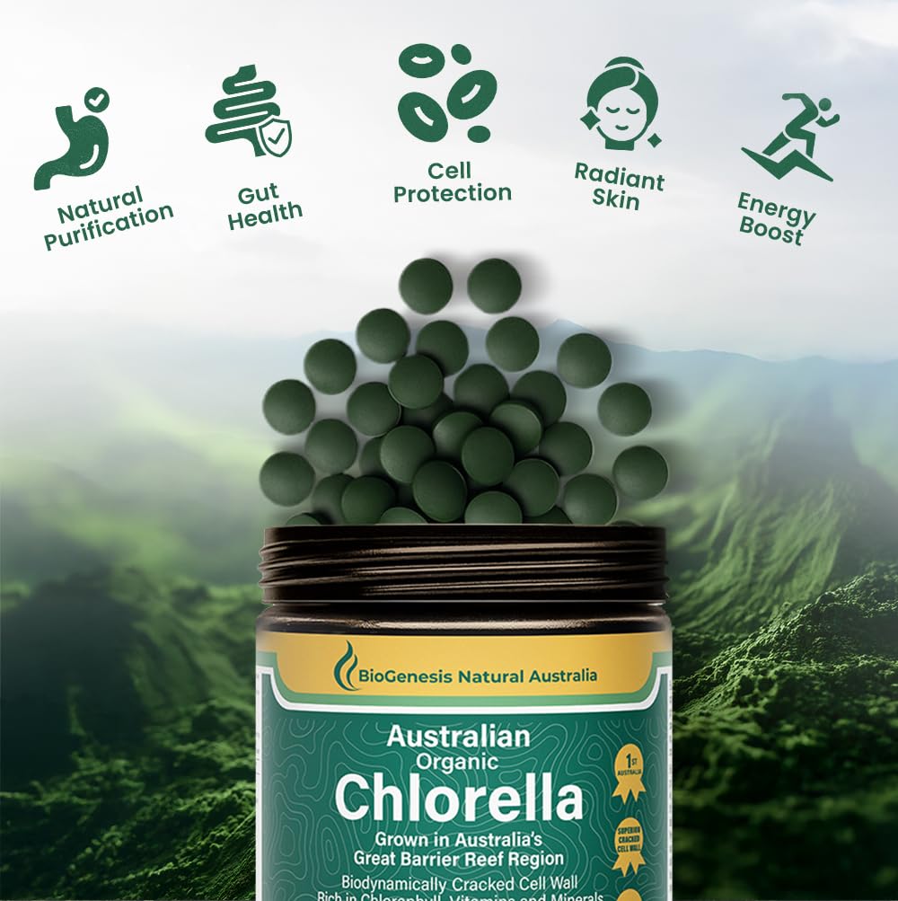 Biogenesis Chlorella, vitamine B12 et fer pour le soutien nutritionnel.