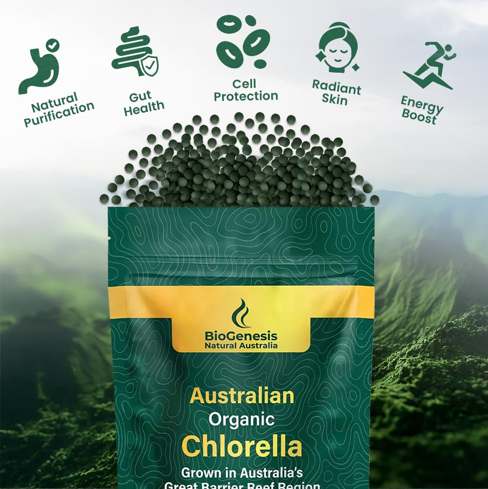 Biogenesis Chlorelle – étiquette lisible montrant ingrédients et nutriments.