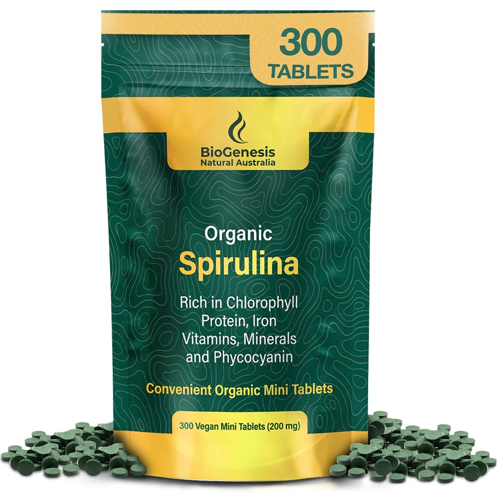 Biogenesis Spiruline mini-tablettes dans l’emboîtage, énergie naturelle prête à consommer.
