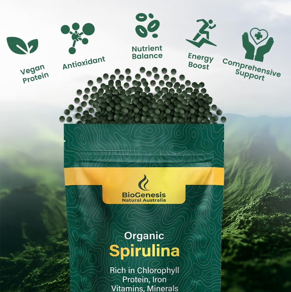 Biogenesis Spiruline mini-tablettes dosage quotidien facile à prendre sans préparation.