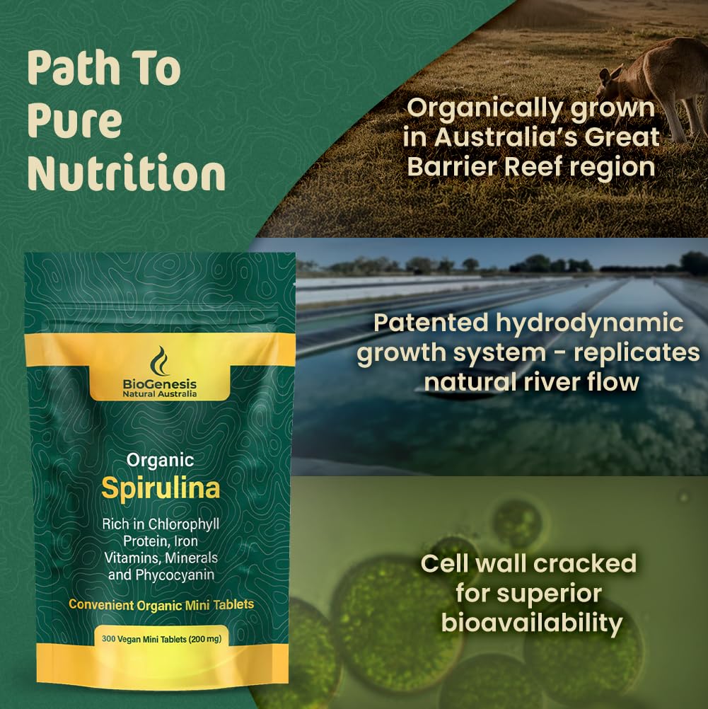 Biogenesis Spiruline mini-tablettes en emballage pratique, idéal pour les déplacements.