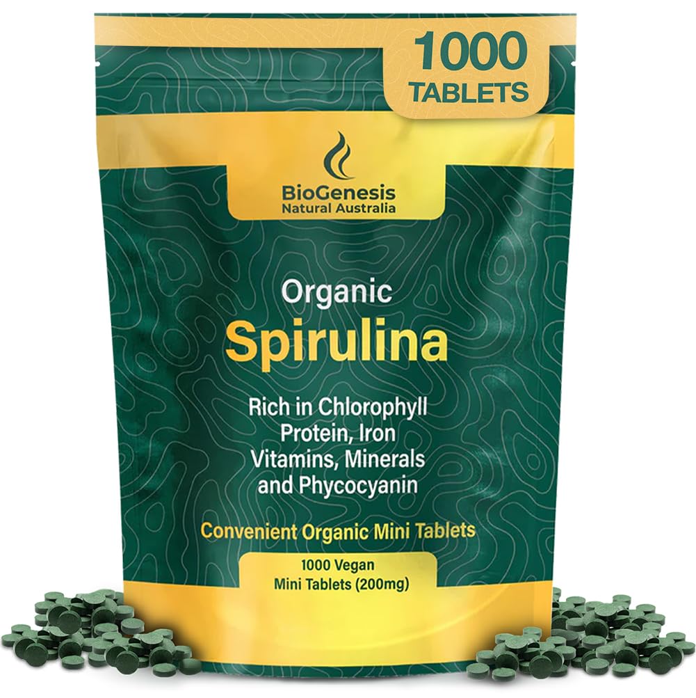 Biogenesis Spiruline mini-tablettes dans la bouteille, énergie quotidienne potentielle.