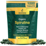 Biogenesis Spiruline mini-tablettes dans la bouteille, énergie quotidienne potentielle.