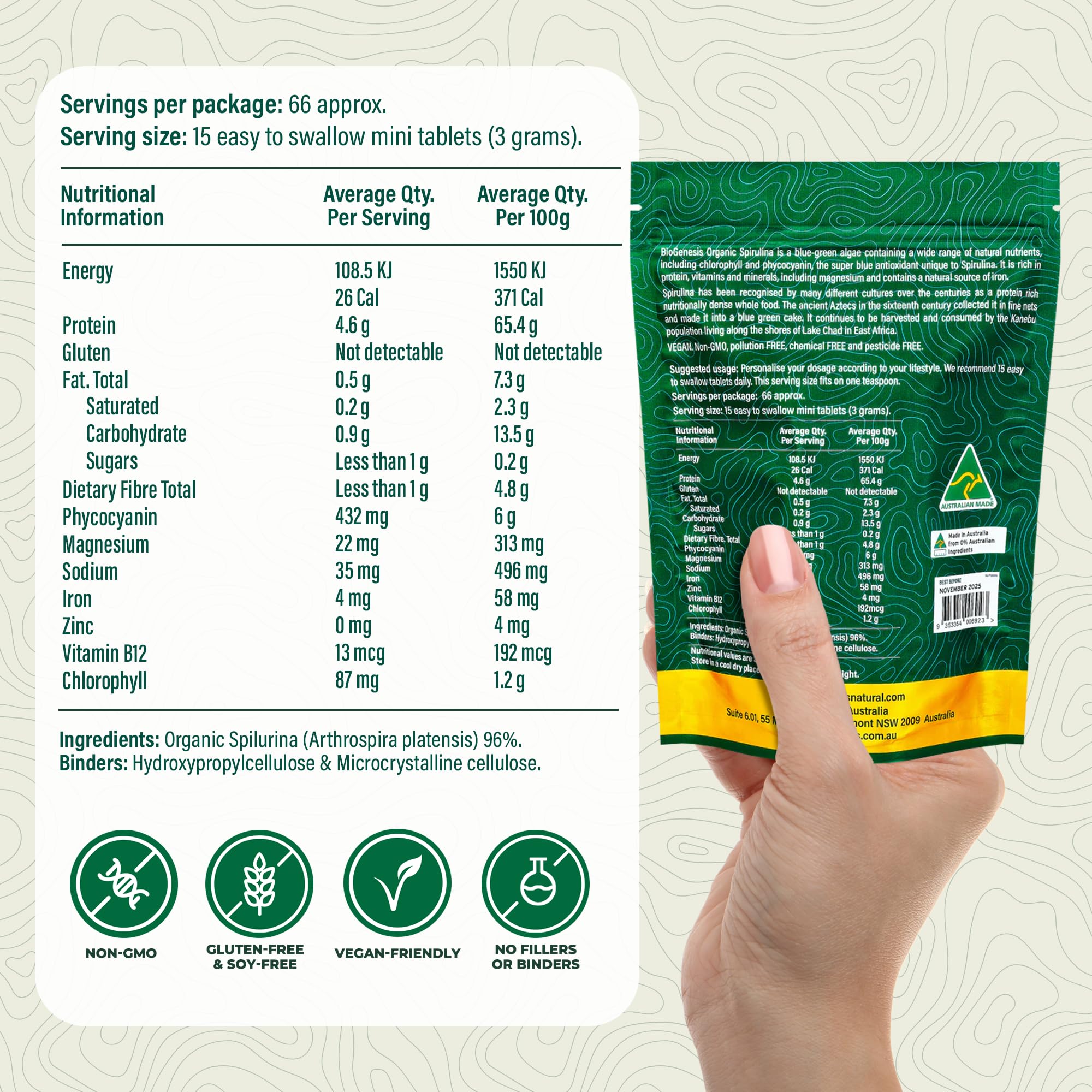 Biogenesis Spiruline mini-tablettes détail chlorophylle et nutriments essentiels.