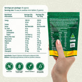 Biogenesis Spiruline mini-tablettes détail chlorophylle et nutriments essentiels.