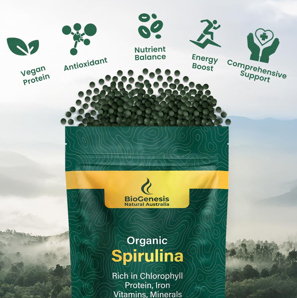 Biogenesis Spiruline mini-tablettes dose 200 mg, format pratique.