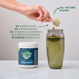 BIOHM Digestive Greens — cuillère doseuse et verre d'eau, préparation rapide et pratique.