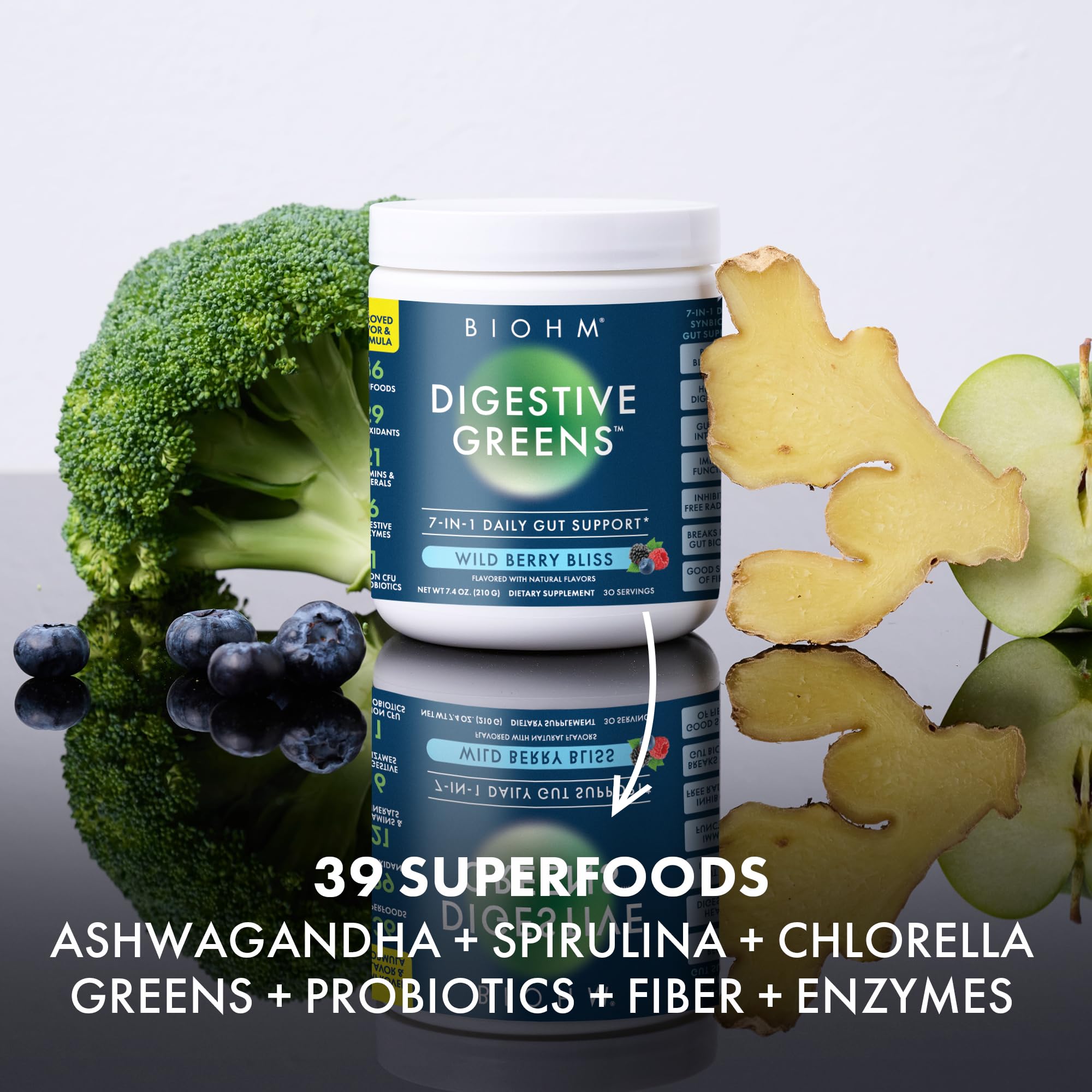 BIOHM Digestive Greens — étiquette nutritionnelle indiquant enzymes et probiotiques naturels.