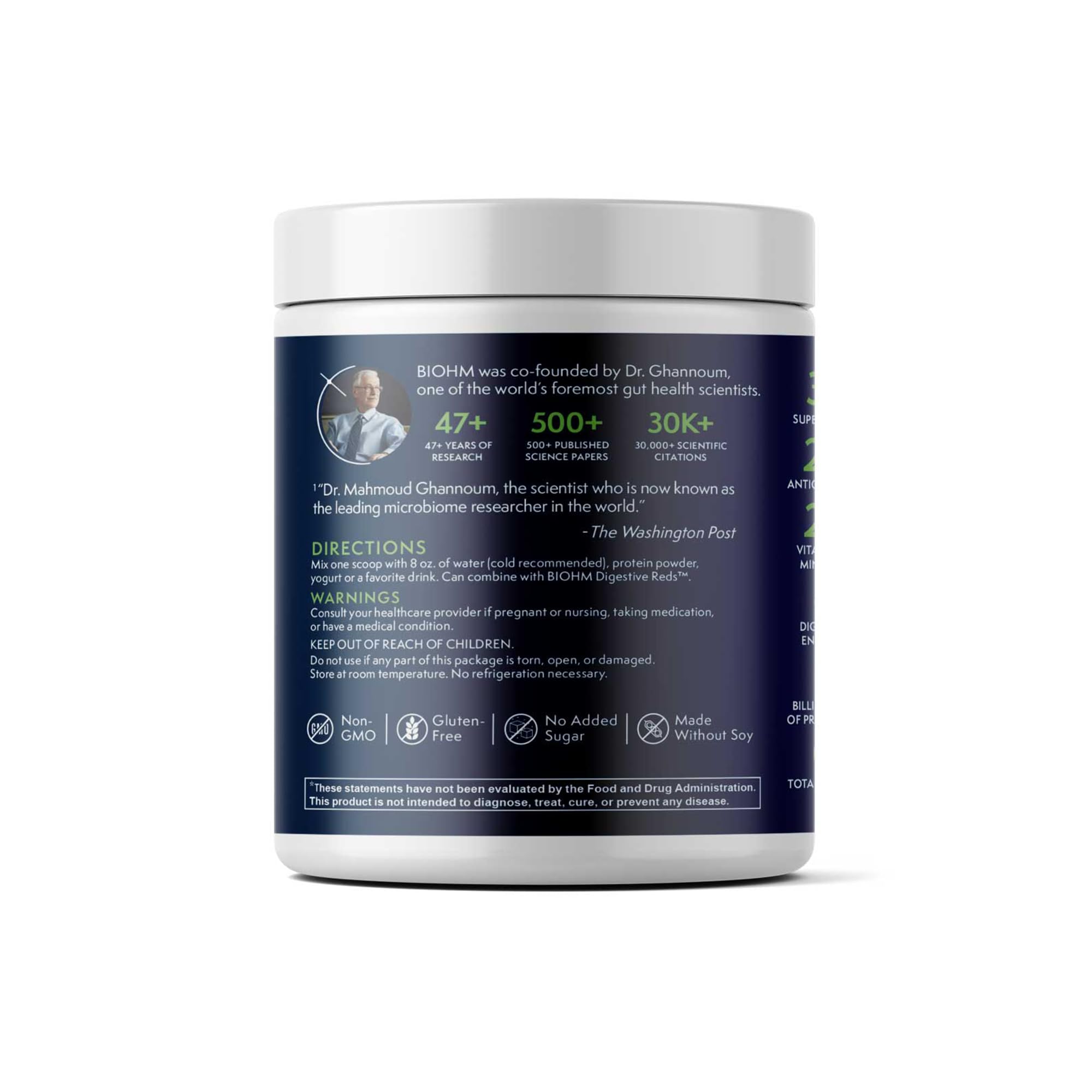 BIOHM Digestive Greens — verre smoothie vert, idéal pour le petit-déjeuner.