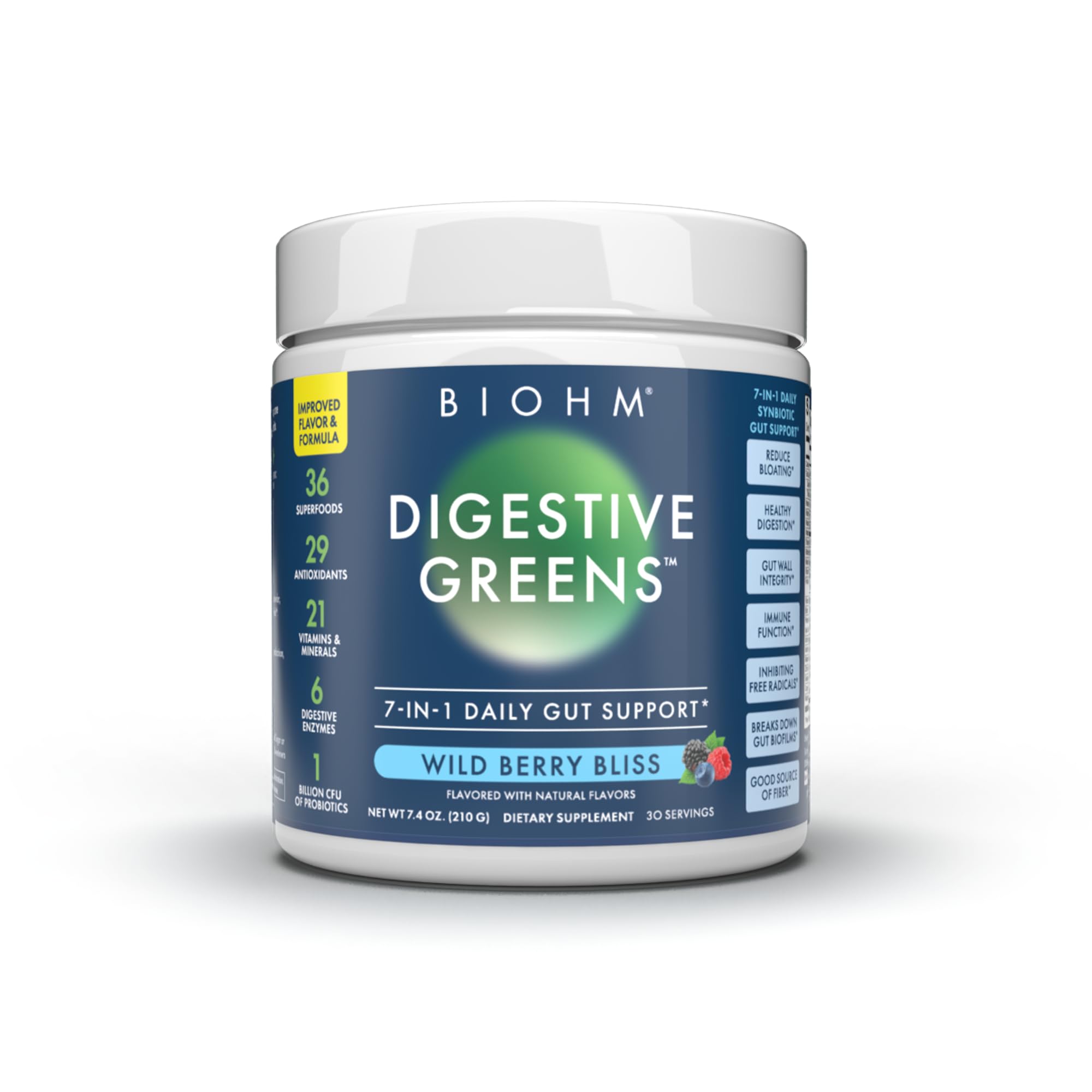 BIOHM Digestive Greens — poudre dans un verre d'eau pour soutenir la digestion.