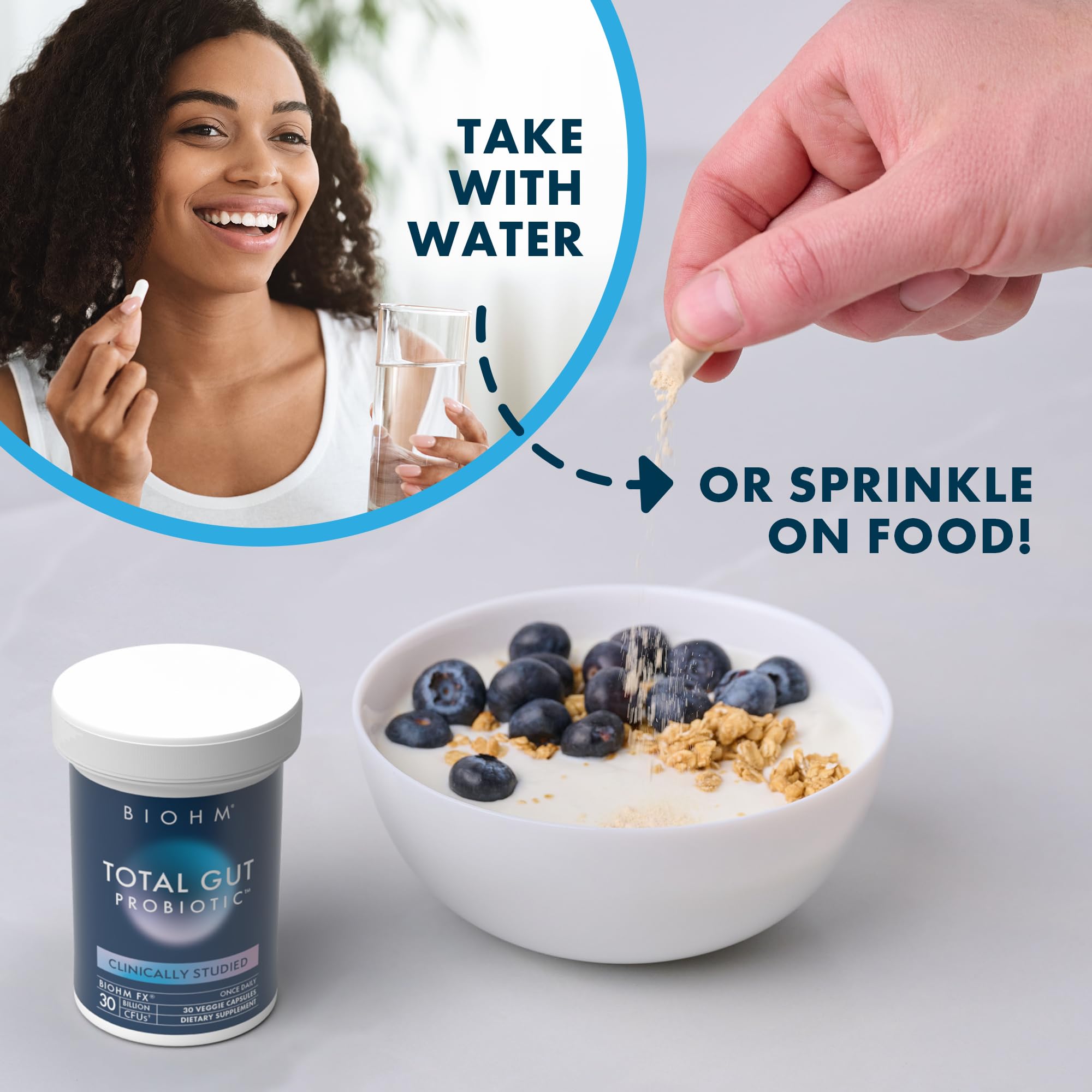 BIOHM Total Probiotic — Dosage: 30 milliards CFU par portion.