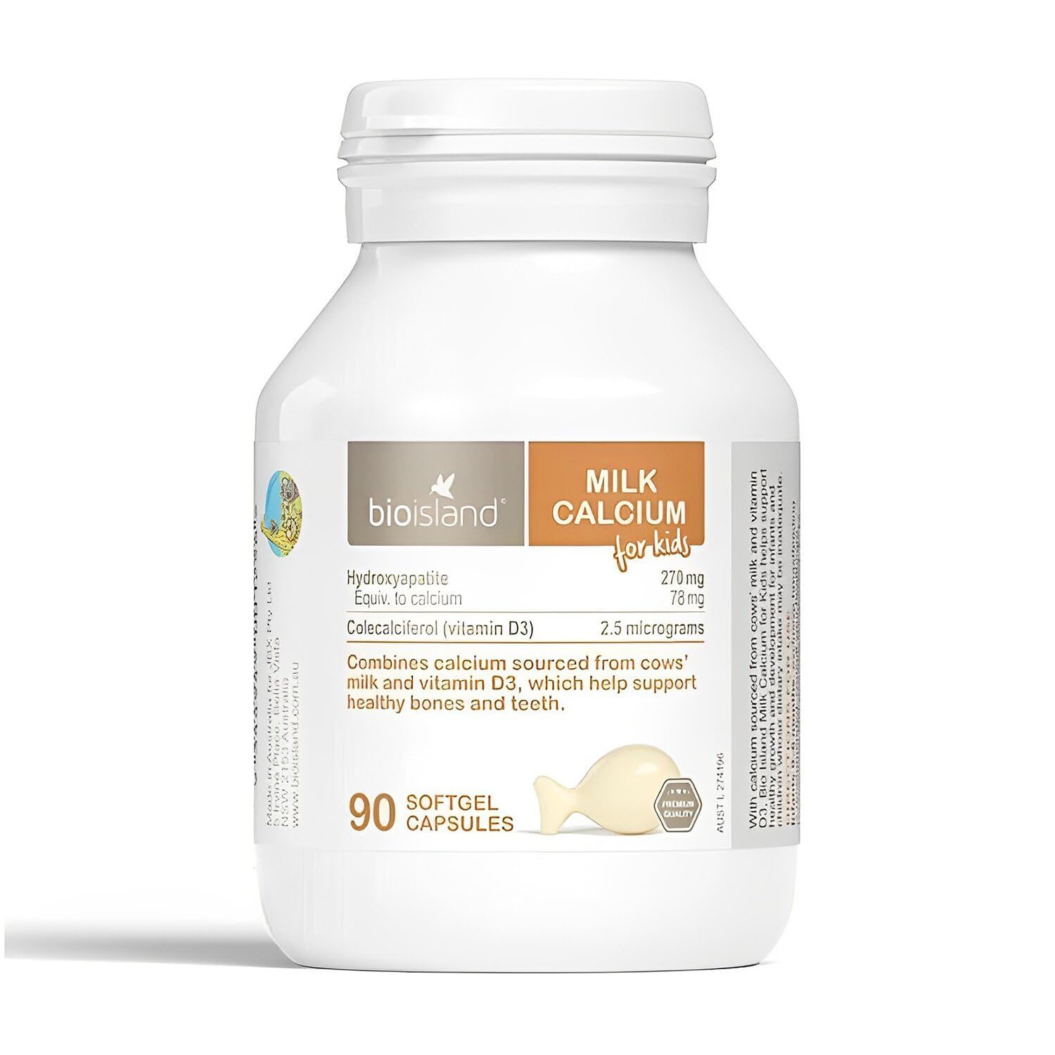 Bioisland Calcium au lait pour enfants, bouteille, soutient la croissance osseuse et l'apport en calcium.
