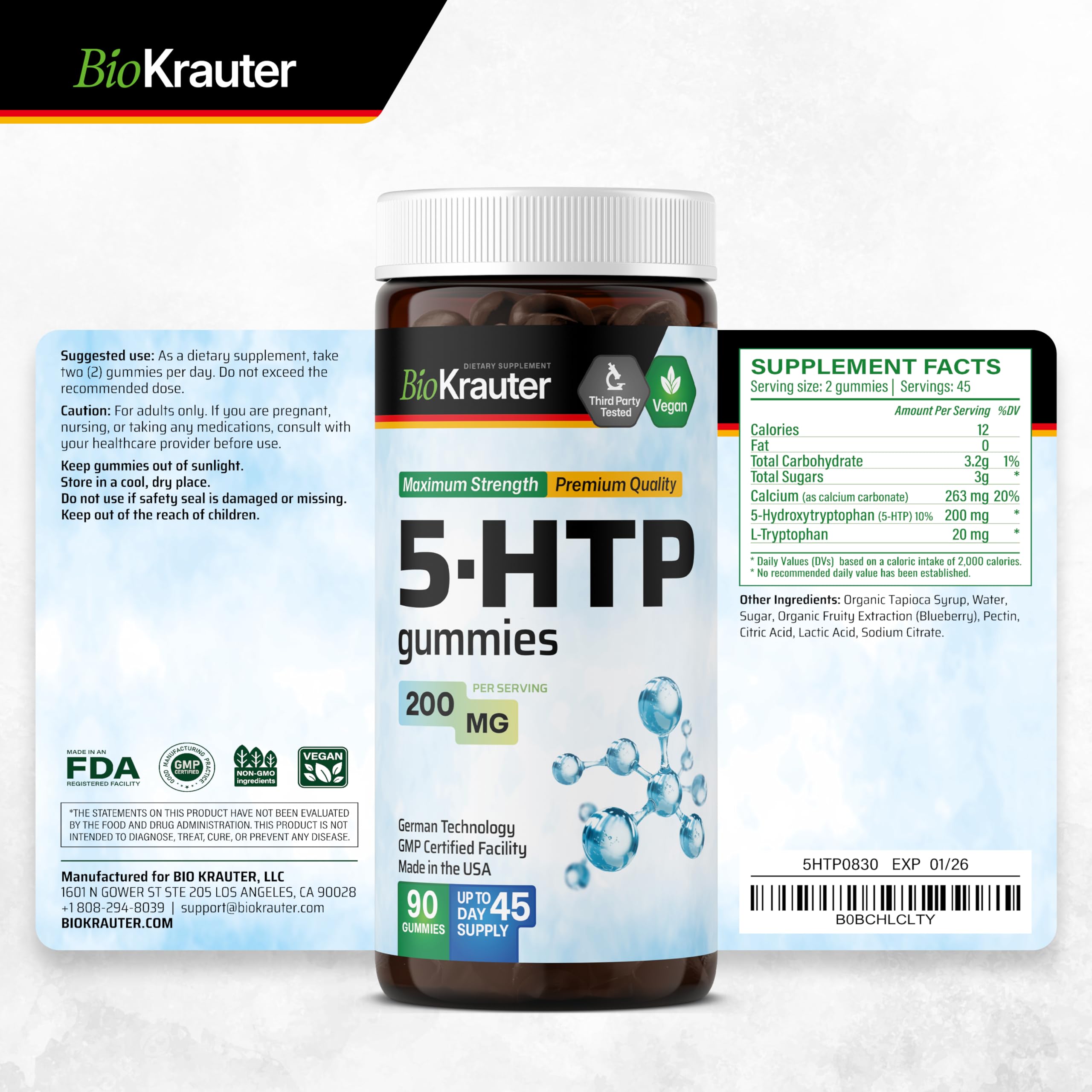 BIO KRAUTER 5-HTP Gummies, boîte conviviale de 90 gommes faciles à prendre.