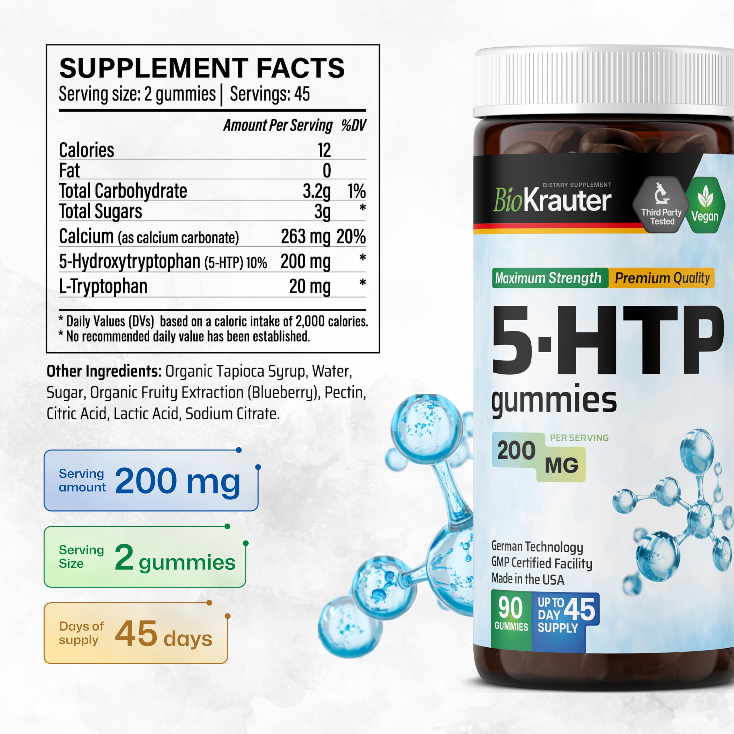 BIO KRAUTER 5-HTP Gummies, texture pectine vegan pour un en-cas sain.