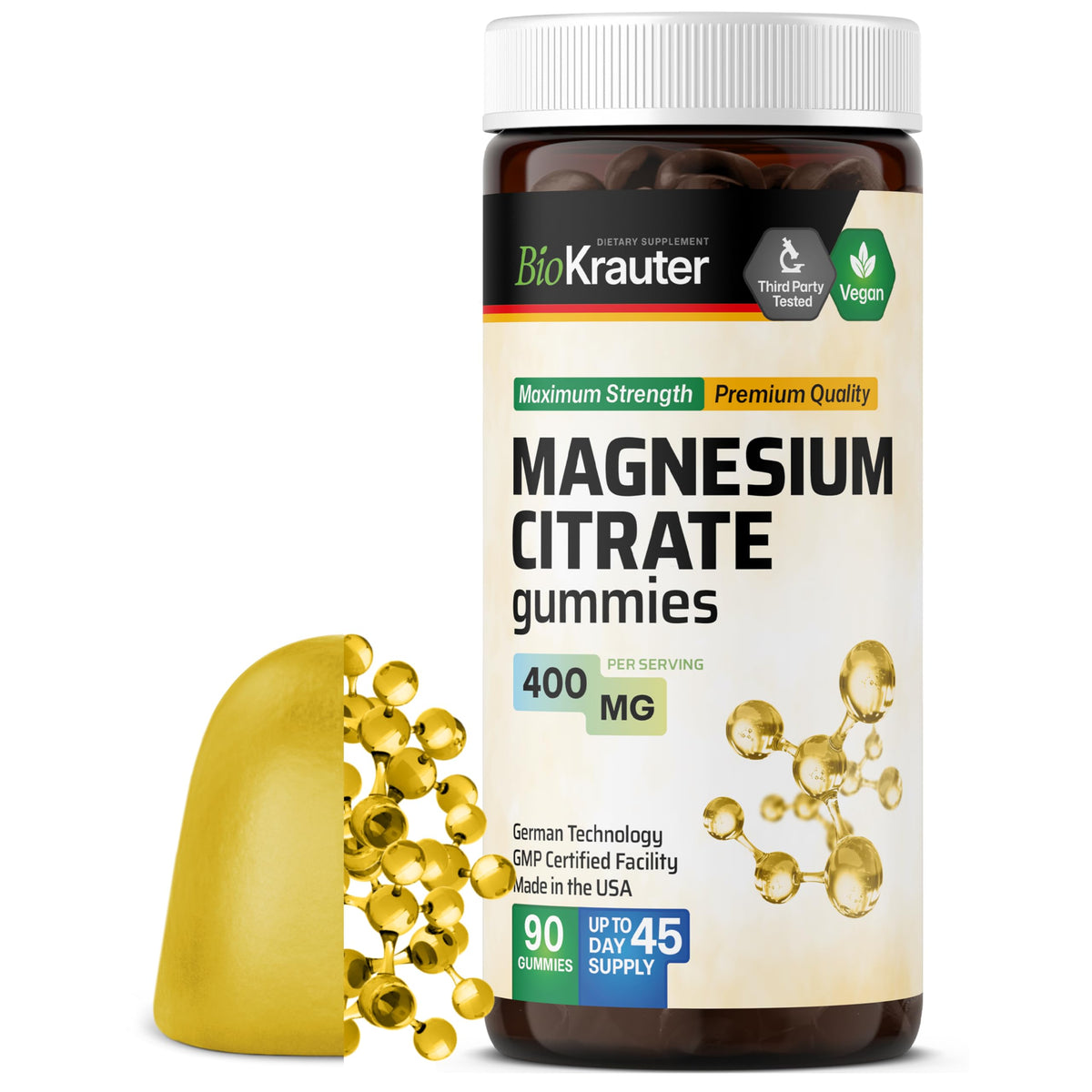 BIO KRAUTER Magnésium Gomme : bouteille ouverte, Prise quotidienne pratique.