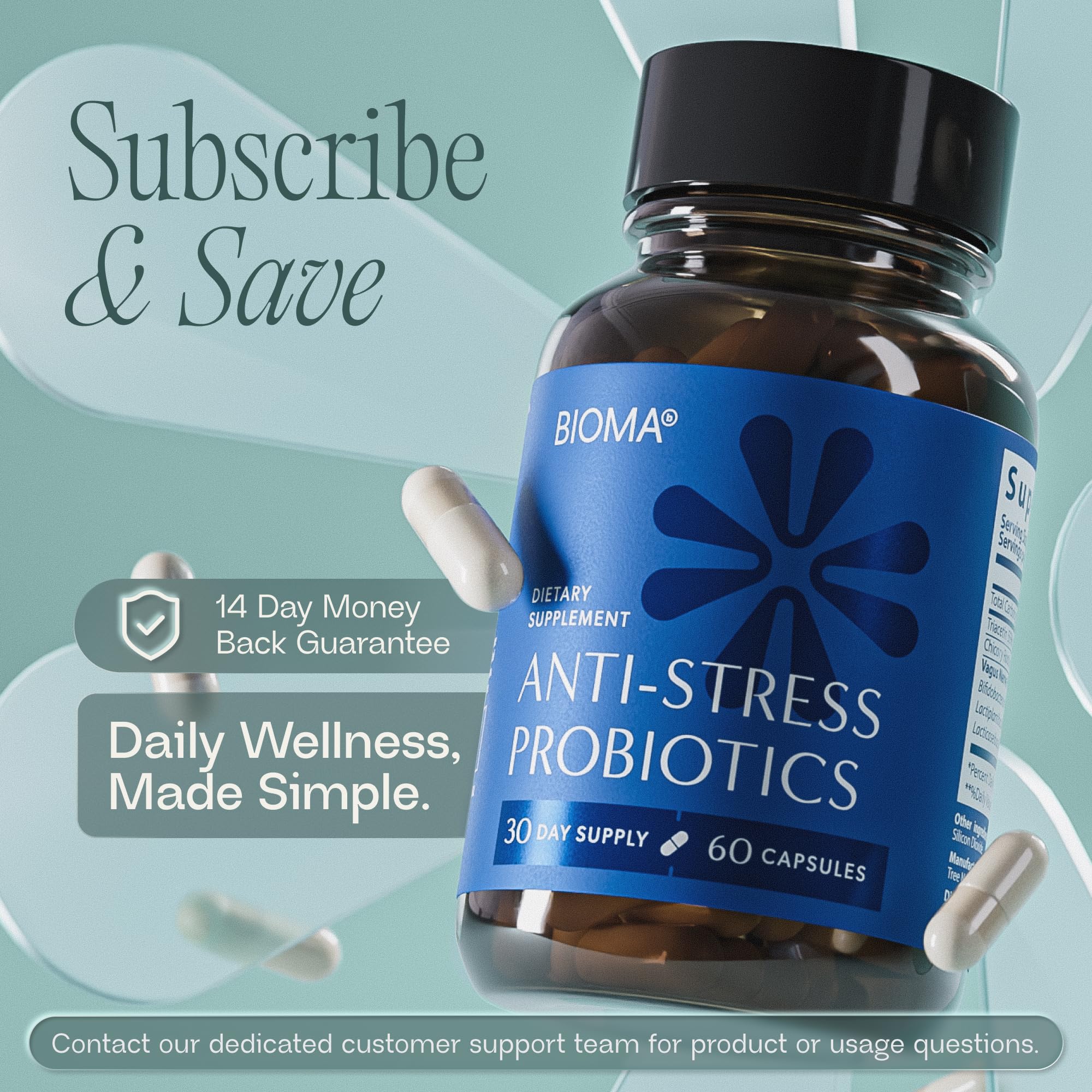 Bioma Anti-Stress Probiotics — arrière de boîte montrant les informations utiles.