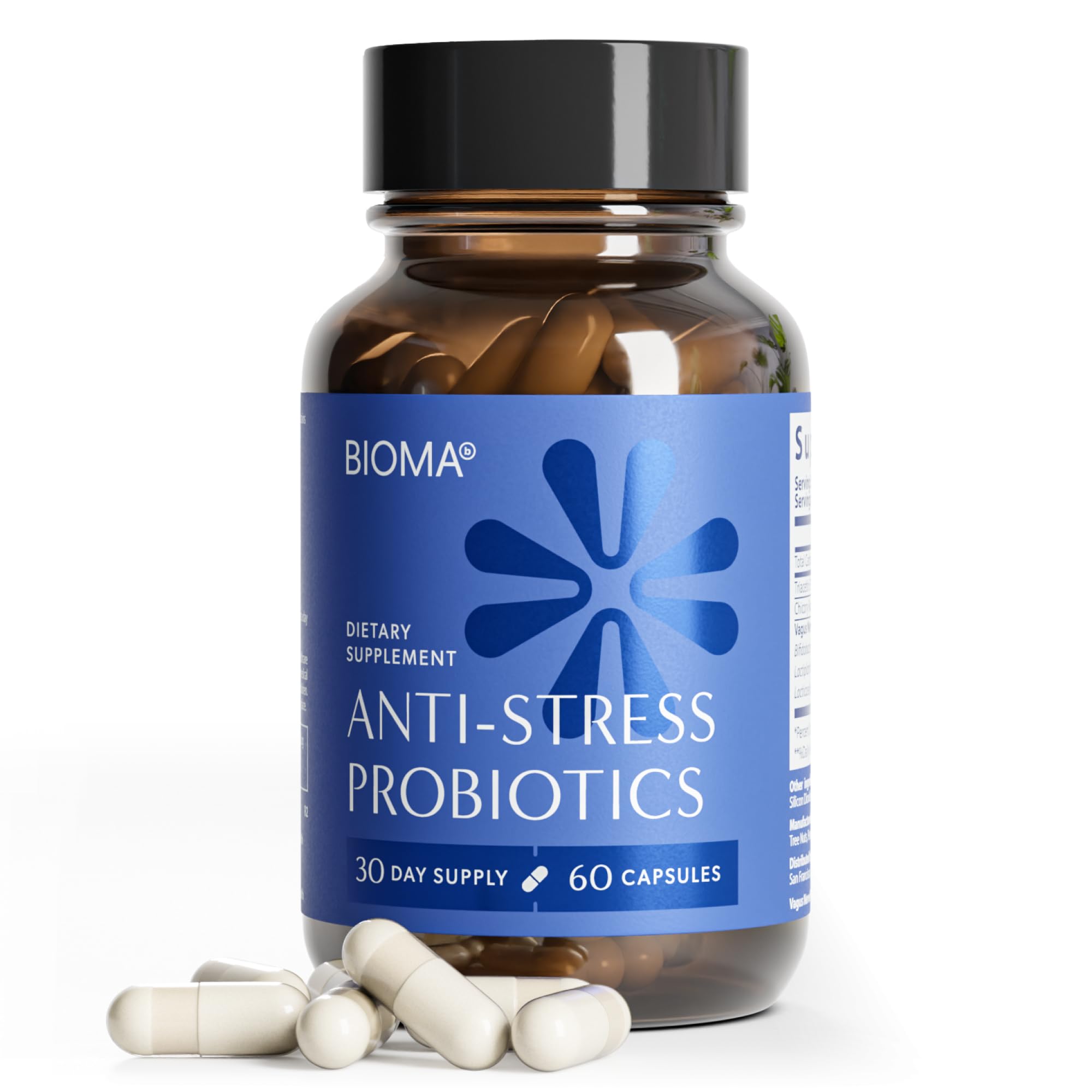 Bioma Anti-Stress Probiotics — bouteille sur étagère, soutien potentiel au bien-être quotidien.