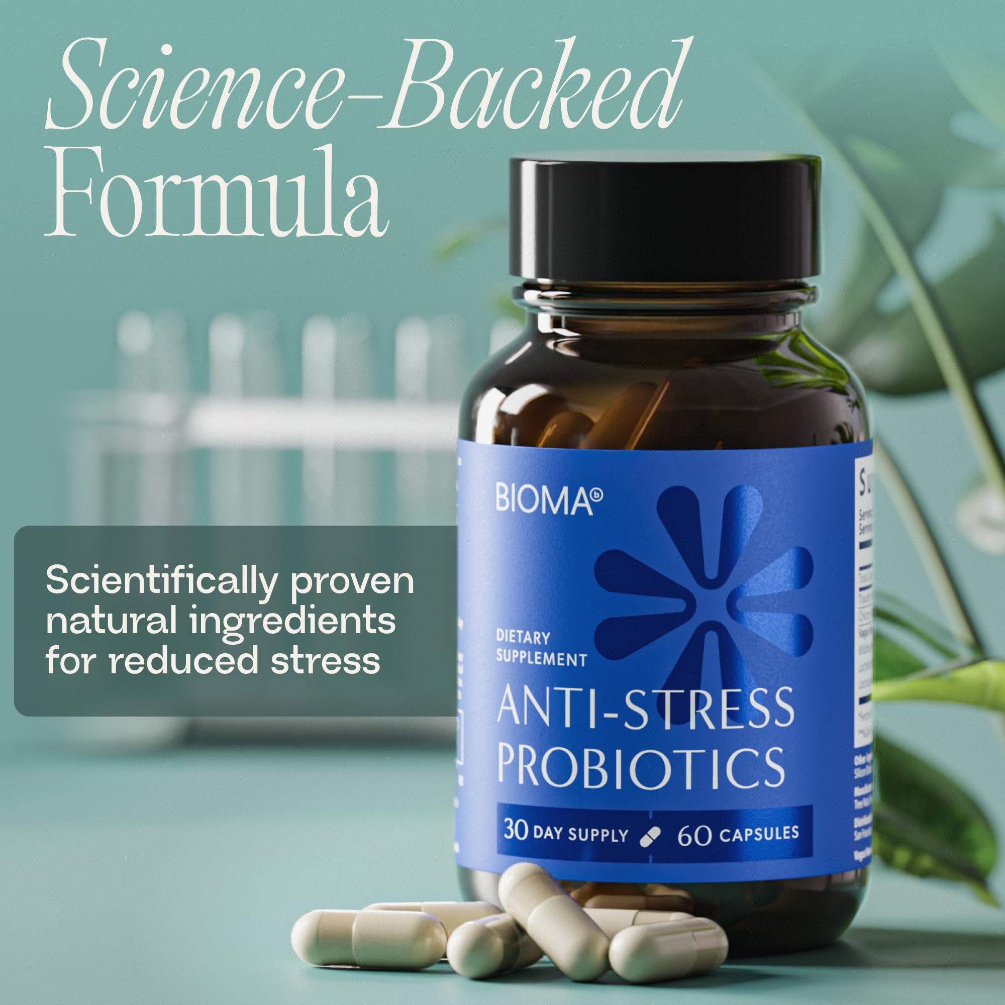 Bioma Anti-Stress Probiotics — zoom sur l'étiquette, lisible et informative.