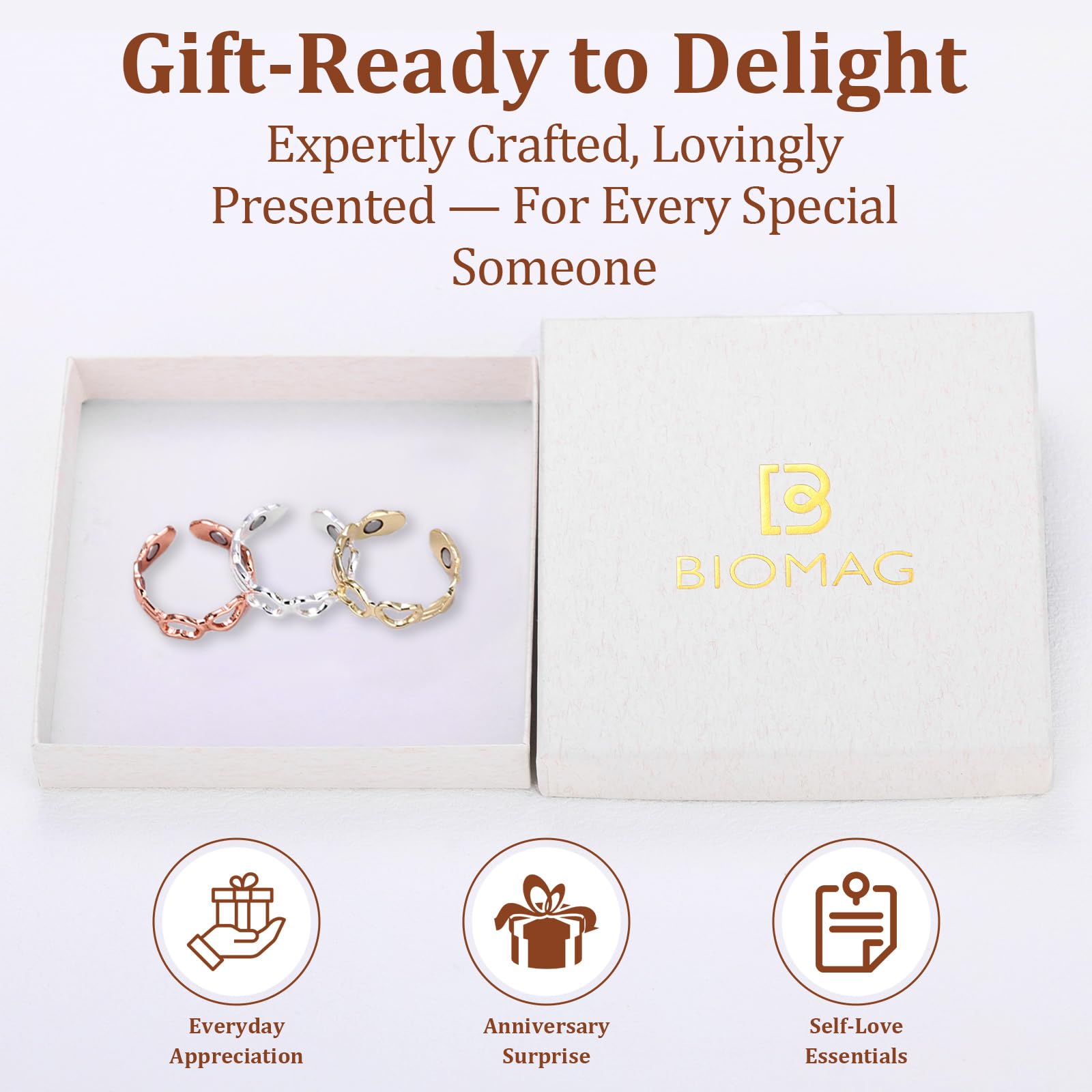 BioMag bagues cuivre coffret cadeau détail: prêt à offrir avec emballage élégant.